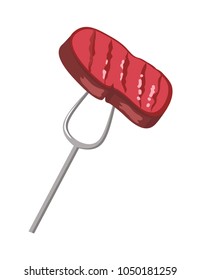 Fork and grilled steak closeup, barbecue party and tasty meal, steak yummy food barbecue, object vector illustration isolated on white background
