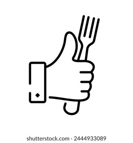 Fork in hand. Black line icon. A man holds a kitchen fork in hand. Vector illustration flat design. Isolated on a white background.