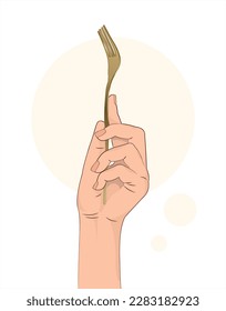 Fork en mano. Horquilla dorada en mano humana. Es hora de comer. Fondo blanco de ilustración vectorial aislada.