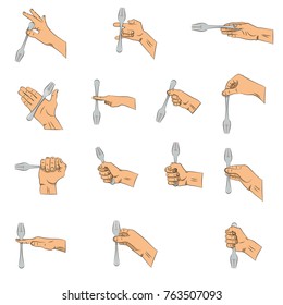 Fork in hand. Hand holding the fork with the reverse side, by two fingers. Vector isolated illustration, hand drawn.