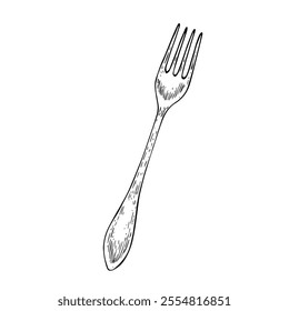 Fork, Hand-Drawn Vector, Graphic Style, Cartoon Illustration, Black and White, Sketch Style, Isolated on White Background