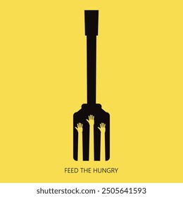 Fork and hands. Feed the Hungry Poster minimalist template. Food Charity Donation. Vector, illustration.