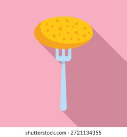 Tenedor que sostiene el icono de la pepita de pollo empanizado, estilo plano, fondo rosado, sombra larga