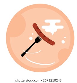Fork Holding a Hot Sausage Flat Style Round Emblem. Traditional food and meat products vector art