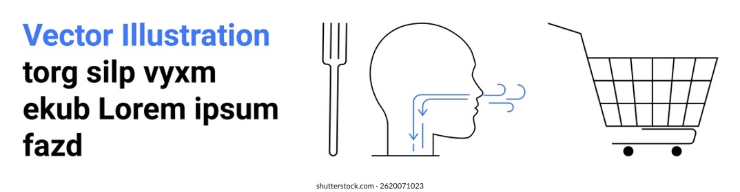 Fork, human head with airflow arrows and shopping cart. Ideal for health, wellness, nutrition, respiratory health and mindful eating. Banner for landing page