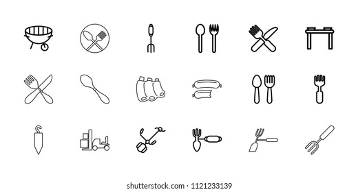 Fork icon. collection of 18 fork outline icons such as spoon and fork, gardening tool, bbq, sausage. editable fork icons for web and mobile.