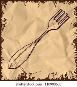 Fork icon isolated on vintage background. Hand drawing sketch vector illustration