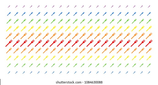 Fork icon rainbow colored halftone pattern. Vector shapes arranged into halftone grid with vertical rainbow colors gradient. Constructed for backgrounds, covers, templates and abstraction concepts.