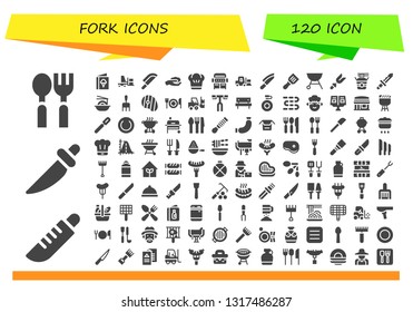 fork icon set. 120 filled fork icons.  Collection Of - Spoon, Knife, Menu, Forklift, Gardening, Chef, Grill, Spatula, Fork, Noodles, Rake, Steak, Handlebar, Picnic, Canteen, Sausages