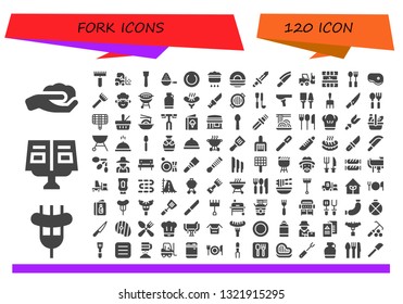 fork icon set. 120 filled fork icons.  Collection Of - Gardening, Sausage, Recipe book, Rake, Forklift, Spatula, Spoon, Plate, Cooking, Dish, Knife, Kitchen, Cutlery, Steak, Chef