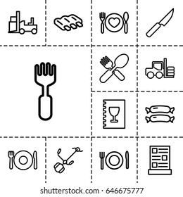 Fork icon. set of 13 outline fork icons such as plate fork and spoon, forklift, sausage, gardening tool, menu