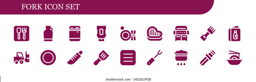 fork icon set. 18 filled fork icons.  Collection Of - Restaurant, Canteen, Dishwasher, Ketchup, Plate, Steak, Grill, Rake, Menu, Forklift, Dish, Knife, Spatula, Fork, Cooking