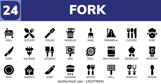 fork icon set. 24 filled fork icons.  Simple modern icons about  - Grill, Cutlery, Peeler, Noodles, Rake, Parabola, Chef, Knife, Sausage, Utensils, Bbq, Dishwasher, Barbecue, Ketchup