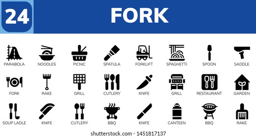 fork icon set. 24 filled fork icons.  Simple modern icons about  - Parabola, Noodles, Picnic, Spatula, Forklift, Spaghetti, Spoon, Saddle, Fork, Rake, Grill, Cutlery, Knife, Restaurant