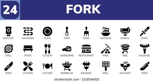 fork icon set. 24 filled fork icons.  Simple modern icons about  - Ketchup, Sausages, Plate, Fork, Rake, Noodles, Saddle, Knife, Grill, Picnic, Cutlery, Gardening, Restaurant