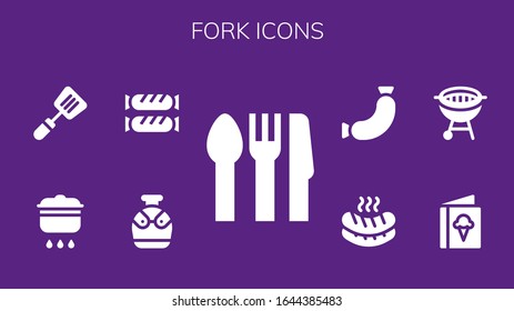 fork icon set. 9 filled fork icons. Included Cutlery, Canteen, Sausage, Cooking, Spatula, Menu, Bbq icons