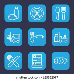 Fork icon. set of 9 outline fork icons such as spoon and fork, sausage, drink and food, gardening tool