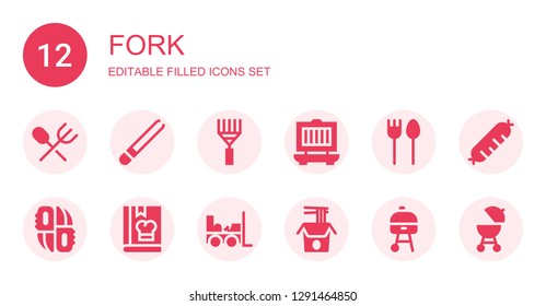fork icon set. Collection of 12 filled fork icons included Cutlery, Tongs, Rake, Grill, Knifes, Cook, Forklift, Noodles, Sausage, Barbecue