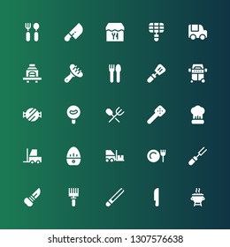 fork icon set. Collection of 25 filled fork icons included Grill, Knife, Tongs, Rake, Fork, Dinner, Forklift, Kitchen timer, Cooking, Slotted spoon, Cutlery, Sausage, Barbecue grill