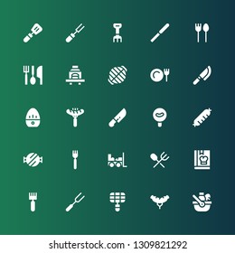 fork icon set. Collection of 25 filled fork icons included Picnic, Sausage, Grill, Fork, Rake, Cook, Cutlery, Forklift, Barbecue grill, Knife, Kitchen timer, Dinner, Barbecue