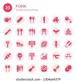 fork icon set. Collection of 30 filled fork icons included Dinner, Sausage, Cutlery, Knife, Utensils, Barbecue, Rake, Garden, Grill, Damper, Roast chicken, Handlebar, Gardening