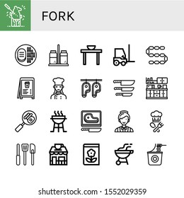 fork icon set. Collection of Carving, Steak, Salt and pepper, Dinner table, Forklift, Sausage, Menu, Chef, Knife, Kitchen, Buffet, Charcoal grill, Catering, Cook, Kitchen tools icons