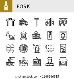 fork icon set. Collection of Weeder, Dinner table, Food truck, Rake, Forklift, Steak, Knife, Gardener, Restaurant, Menu, Gardening, Sausage, Carving, Chicken wings, Noodles icons
