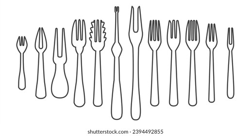 Fork icon set in line form, various fork shapes vector illustration. Fork icon set.