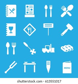 Fork icons set. set of 16 fork filled icons such as sausage, spoon and fork, gardening tool, tonometer, restaurant, menu