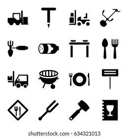 Fork icons set. set of 16 fork filled icons such as sausage, spoon and fork, gardening tool, tonometer, bbq, restaurant, menu, knife