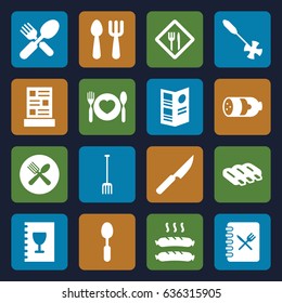 Fork icons set. set of 16 fork filled icons such as sausage, fork and spoon, spoon, gardening tool, restaurant, menu