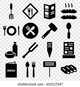 Fork icons set. set of 16 fork filled icons such as sausage, drink and food, spoon, pitchfork, gardening tool, tonometer, restaurant, menu