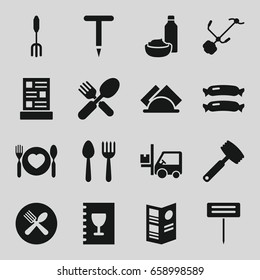 Fork icons set. set of 16 fork filled icons such as sausage, spoon and fork, drink and food, gardening tool, napkin, menu