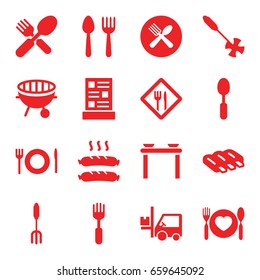 Fork icons set. set of 16 fork filled icons such as sausage, spoon and fork, fork and spoon, gardening tool, bbq, restaurant