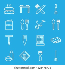 Fork icons set. set of 16 fork outline icons such as spoon and fork, sausage, drink and food, gardening tool, restaurant