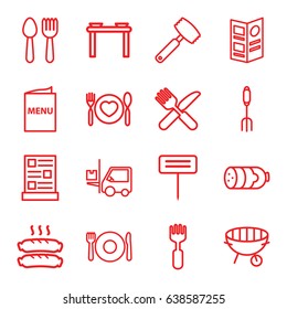 Fork icons set. set of 16 fork outline icons such as spoon and fork, plate fork and spoon, sausage, gardening tool, bbq, menu