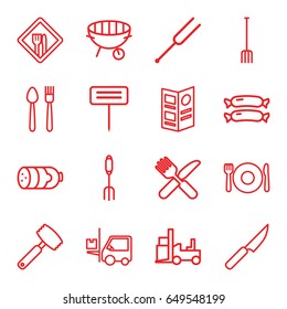 Fork icons set. set of 16 fork outline icons such as plate fork and spoon, sausage, forklift, gardening tool, tonometer, bbq, restaurant, menu