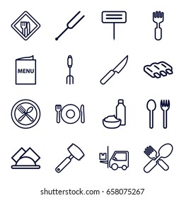 Fork icons set. set of 16 fork outline icons such as plate fork and spoon, sausage, drink and food, gardening tool, tonometer, napkin, restaurant, menu