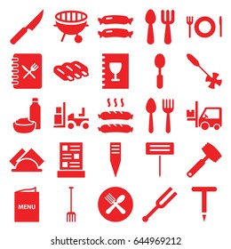 Fork icons set. set of 25 fork filled icons such as sausage, spoon and fork, fork and spoon, gardening tool, tonometer, bbq, napkin, menu