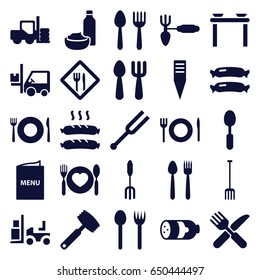 Fork icons set. set of 25 fork filled icons such as sausage, spoon and fork, plate fork and spoon, gardening tool, tonometer, restaurant, menu