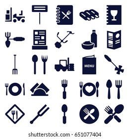 Fork icons set. set of 25 fork filled icons such as sausage, spoon and fork, plate fork and spoon, gardening tool, tonometer, napkin, restaurant