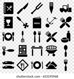 Fork icons set. set of 25 fork filled icons such as sausage, plate fork and spoon, forklift, drink and food, gardening tool, tonometer, bbq, napkin, restaurant, menu