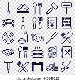 Fork icons set. set of 25 fork outline icons such as spoon and fork, plate fork and spoon, sausage, gardening tool, tonometer, napkin, menu