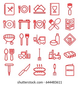 Fork icons set. set of 25 fork outline icons such as plate fork and spoon, forklift, sausage, gardening tool, bbq, napkin, restaurant, menu