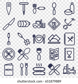 Fork icons set. set of 25 fork outline icons such as forklift, sausage, drink and food, fork and spoon, spoon, gardening tool, napkin, restaurant, menu