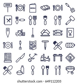 Fork icons set. set of 36 fork outline icons such as spoon and fork, plate fork and spoon, sausage, gardening tool, bbq, napkin, restaurant, menu