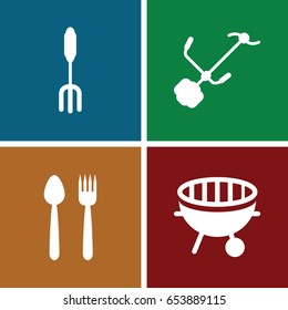 Fork icons set. set of 4 fork filled icons such as pitchfork, gardening tool, bbq