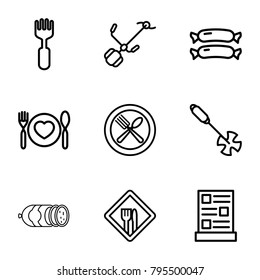 Fork icons. set of 9 editable outline fork icons such as sausage, gardening tool, restaurant