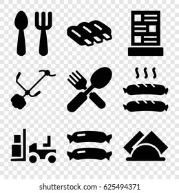 Fork icons set. set of 9 fork filled icons such as sausage, fork and spoon, forklift, gardening tool, napkin