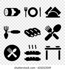 Fork icons set. set of 9 fork filled icons such as sausage, gardening tool